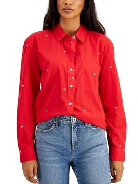 ❣️ Style & Co. Women's Red & White Heart Patterned Button-Down Knit Shirt ❣️